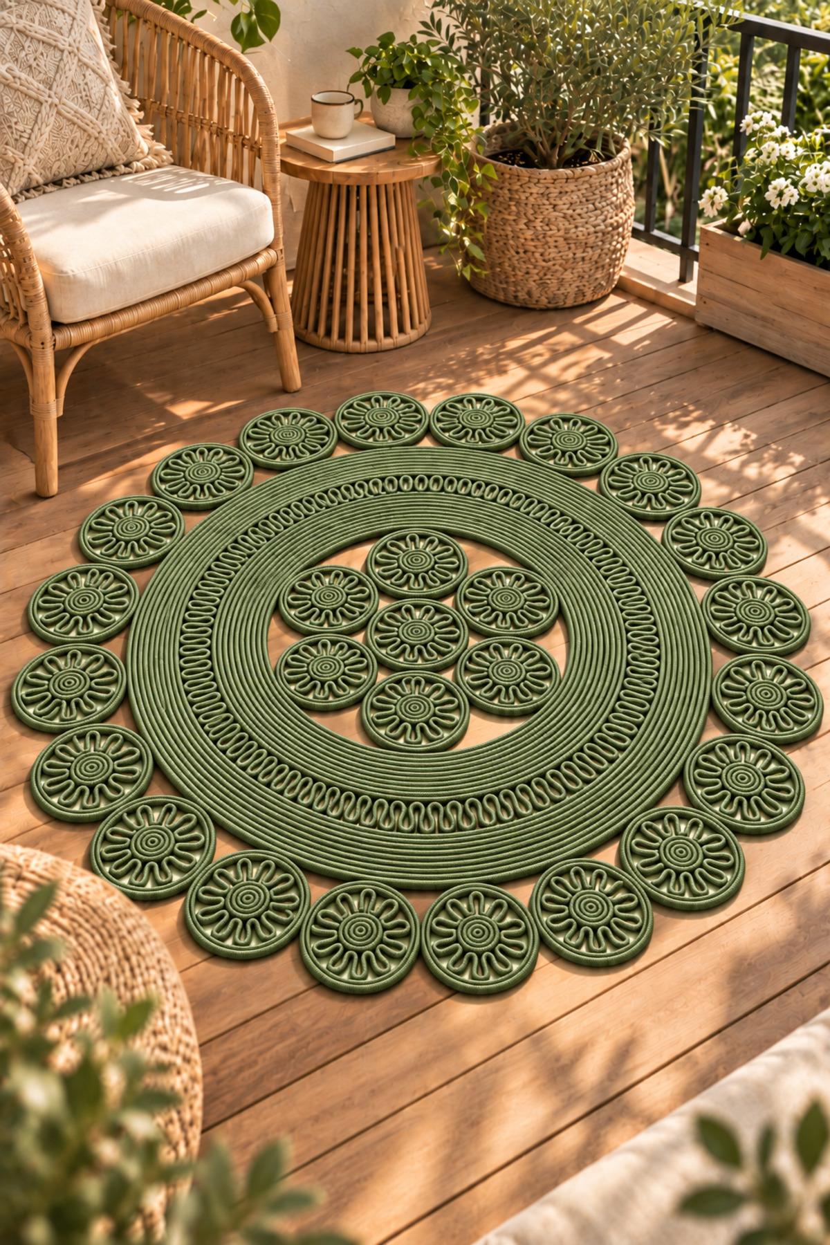 Velmira Hasır Jüt El İşçiliği Yuvarlak Kilim Halat Kilim – Dekoratif Örgü Motifli, Modern Bohem Tasarım, Salon, Oturma Odası, Antre, Yatak Odası ve Ev Dekorasyonu İçin Şık Kilim - Görsel 4